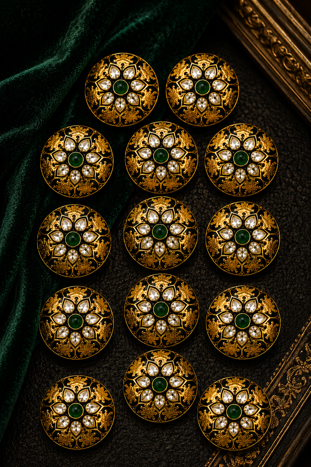 Imperial Bloom: Hand-Enameled Gold & Emerald Green Floral Buttons