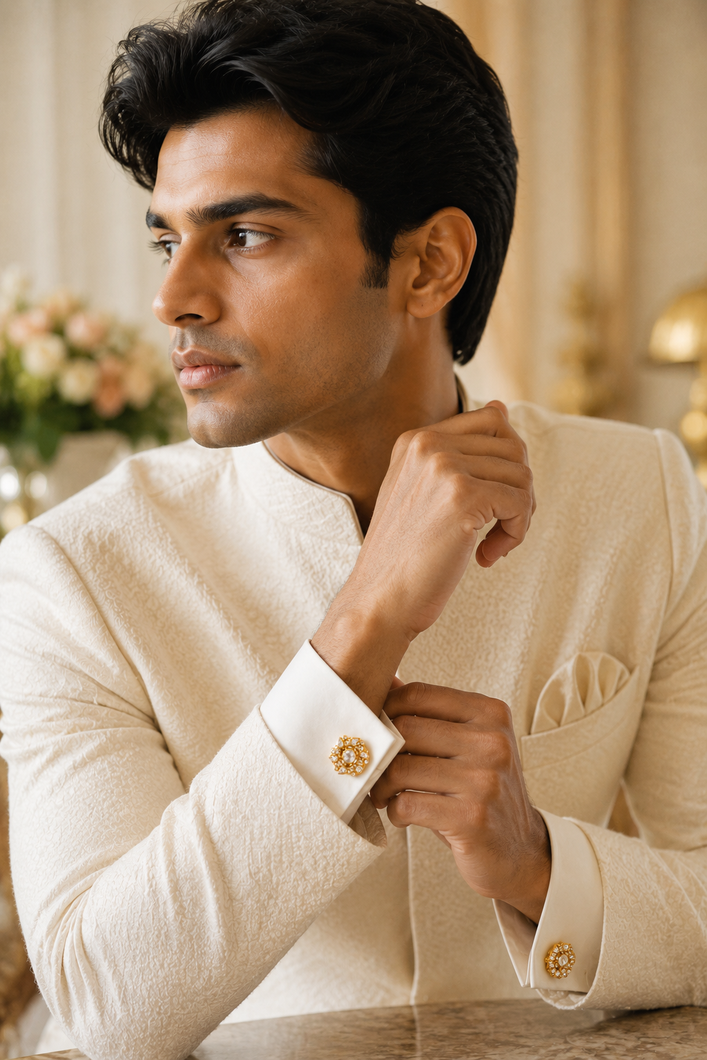 Gold Floral Swirl Cufflinks – Luxury Crystal Jewelry for Groom & Formal Wear
