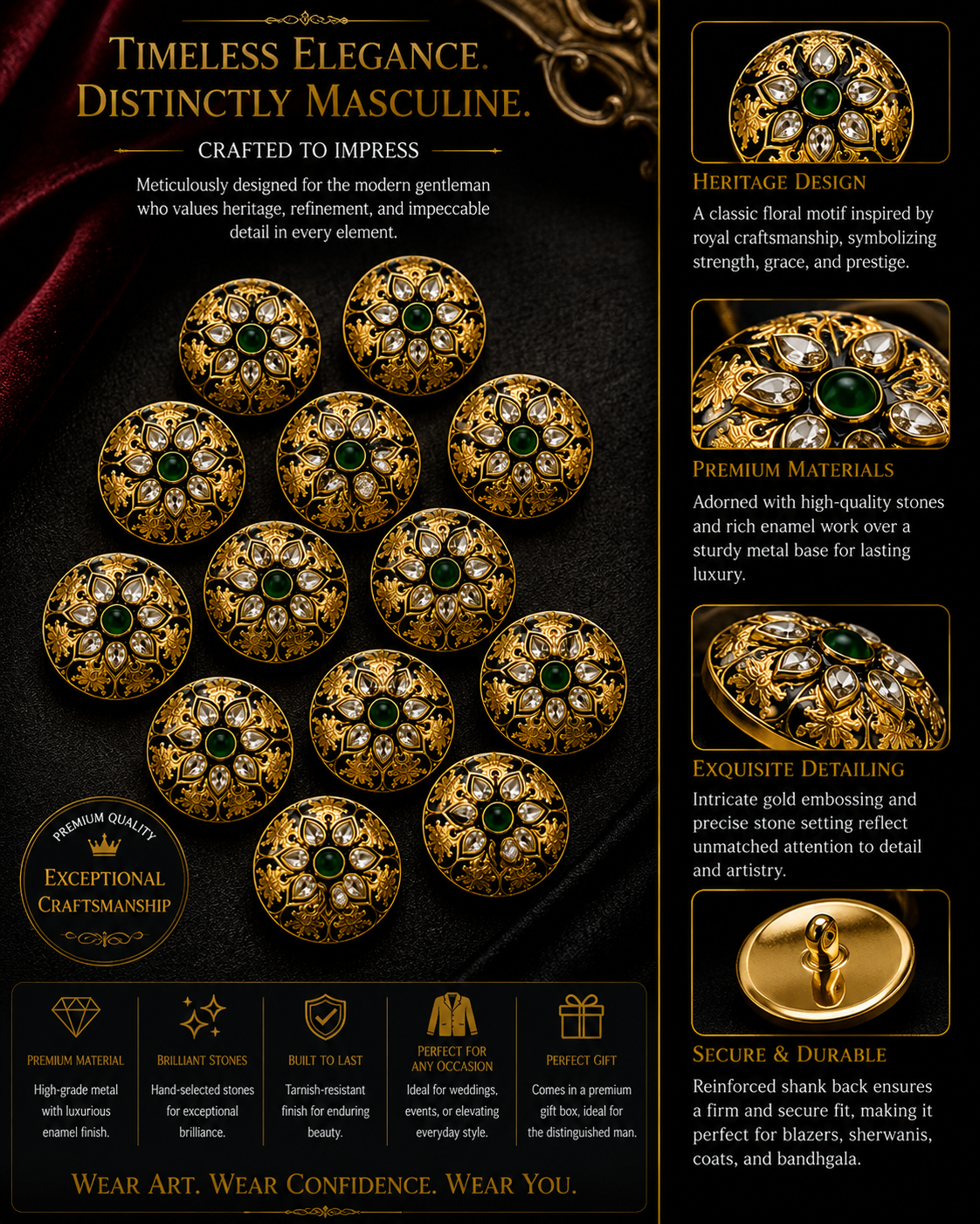 Imperial Bloom: Hand-Enameled Gold & Emerald Green Floral Buttons