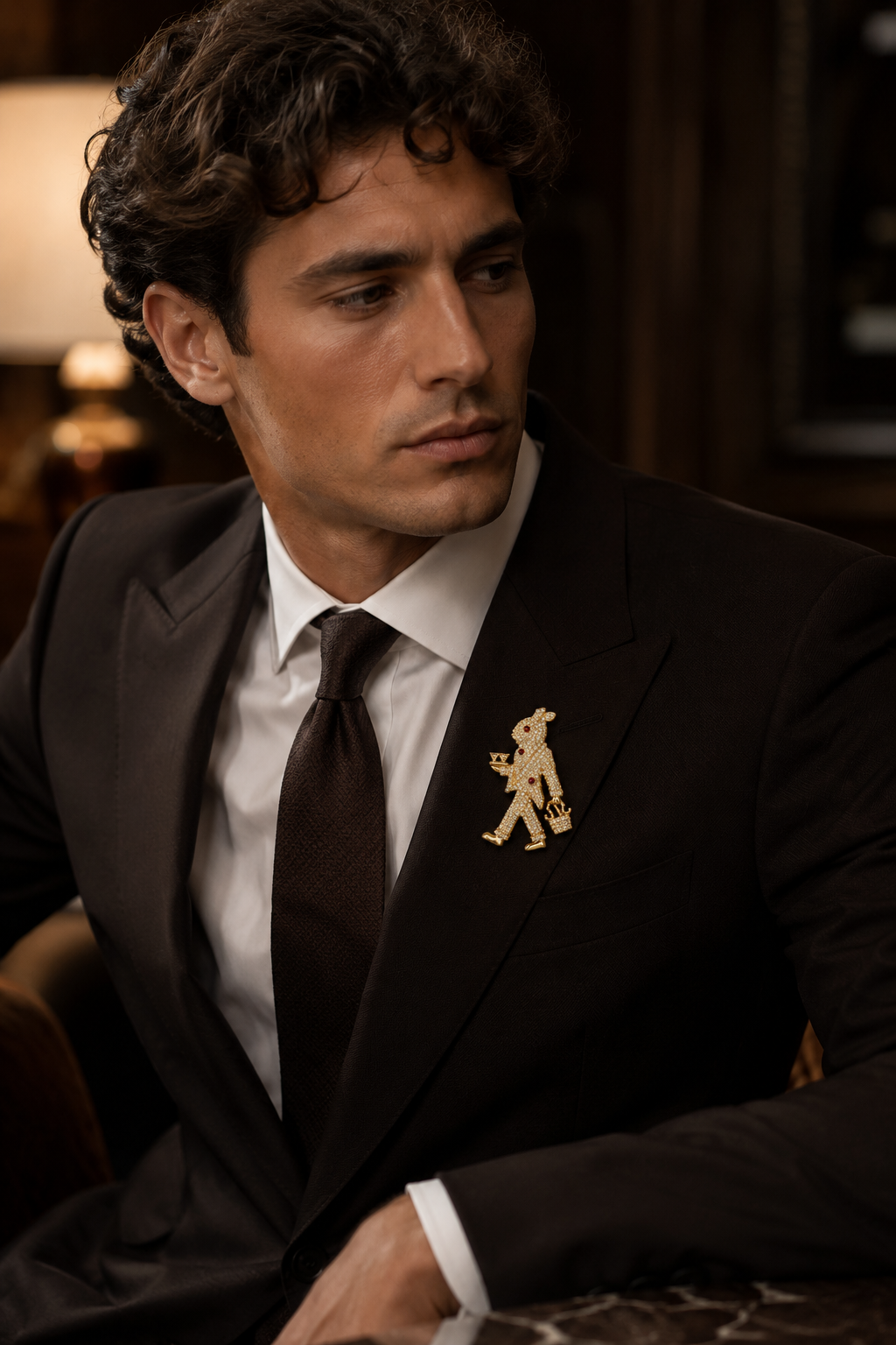 Crystal Pavé Waiter Figural Brooch in Gold — Cocktail Butler Pin