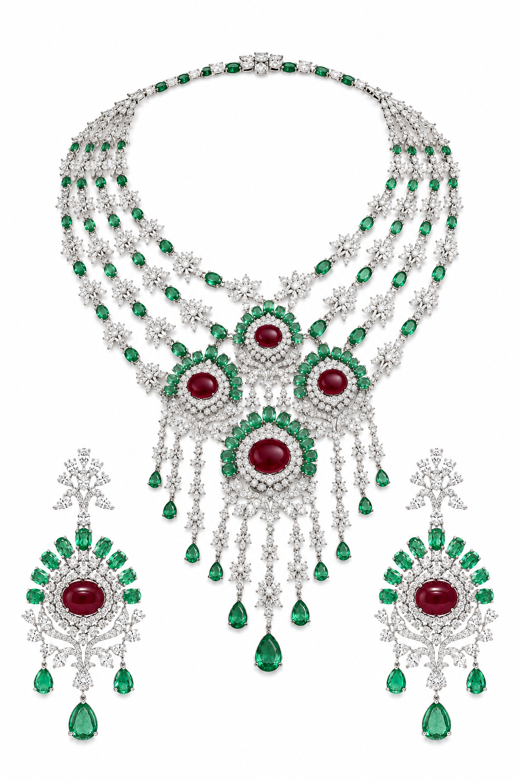 Emerald & Ruby Cascading Diamond Necklace Set