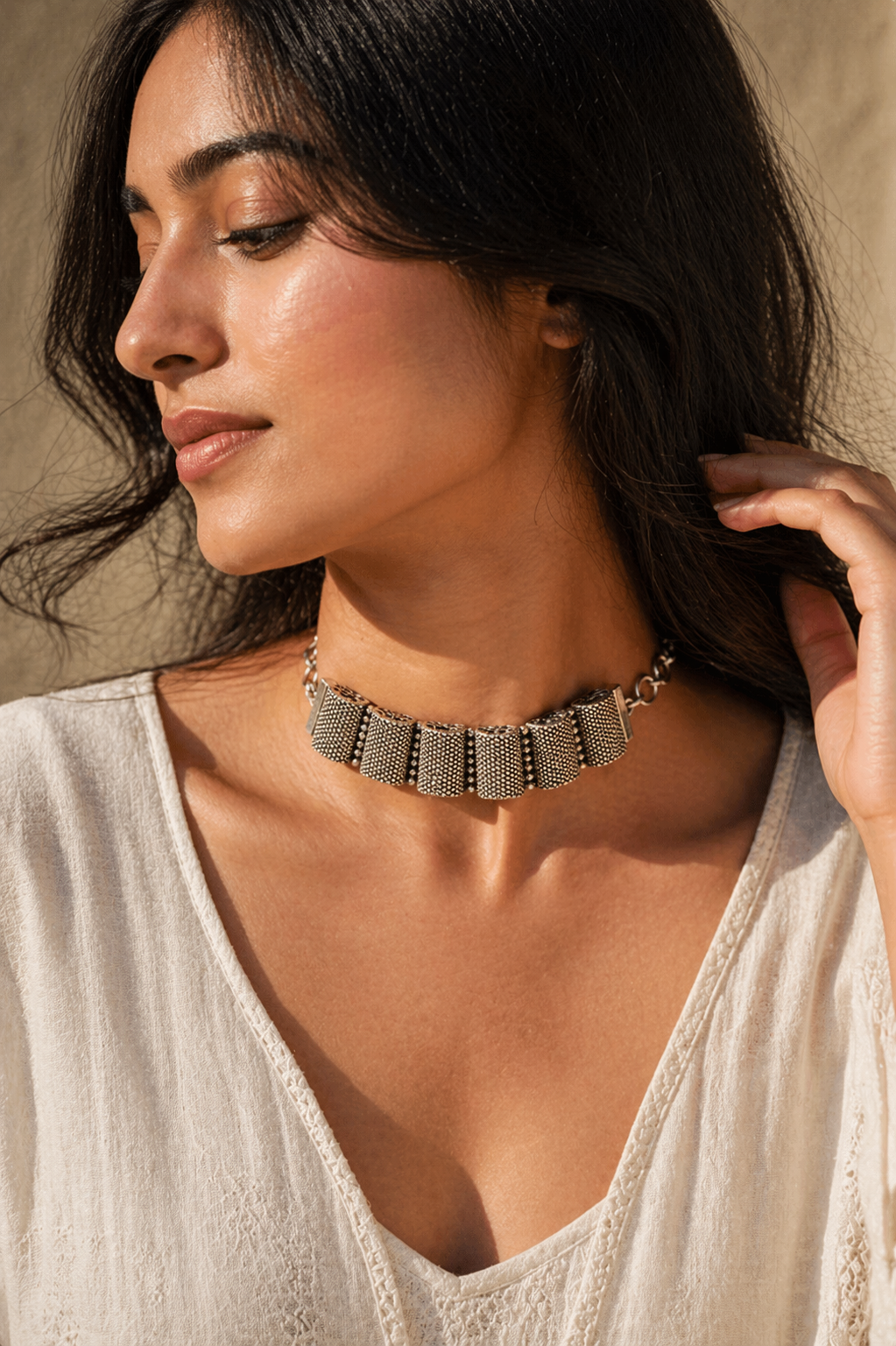 Oxidized Silver Convertible Bracelet–Choker – Textured Dome Panel Design