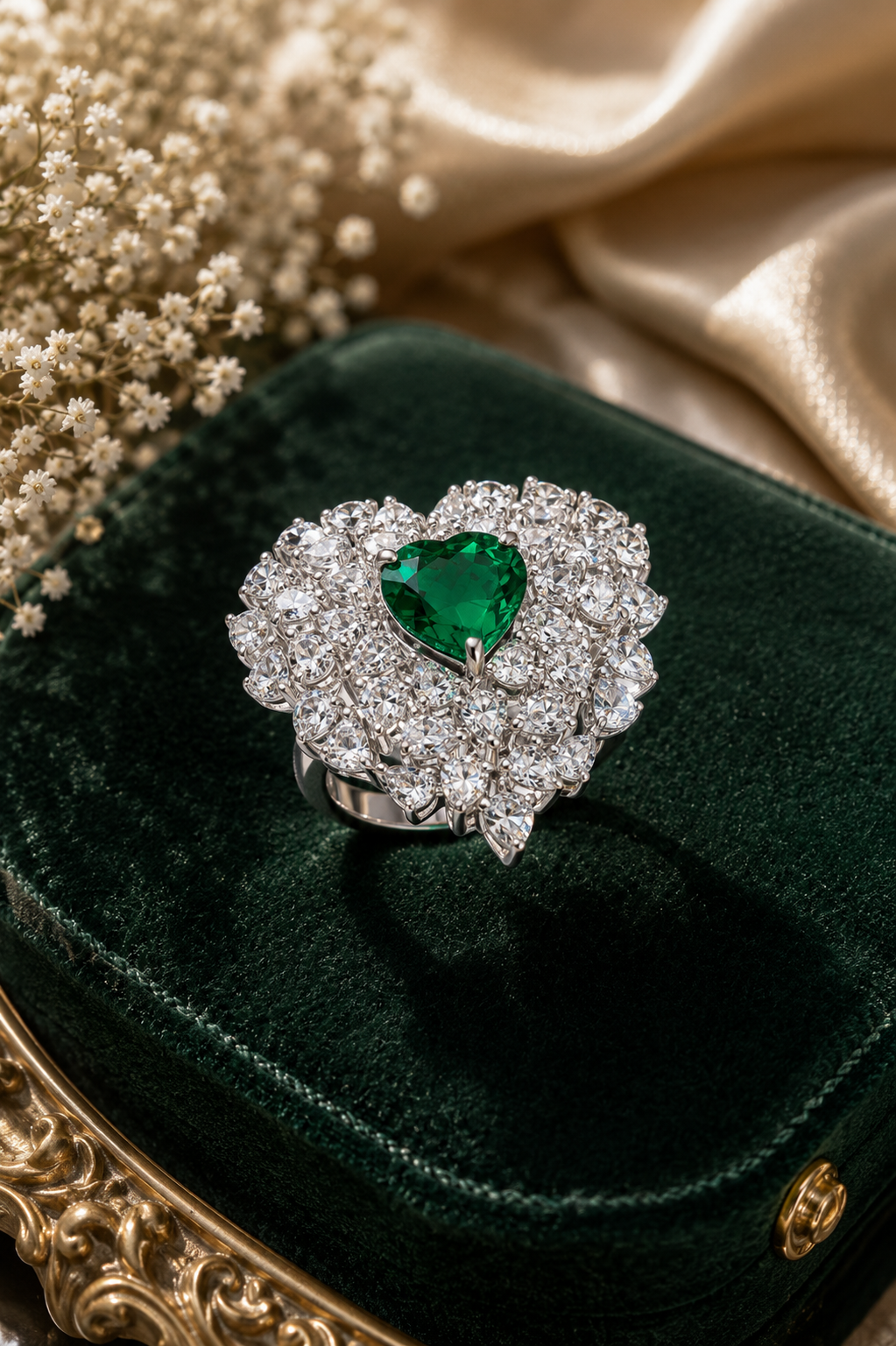 Emerald Heart Halo Couture Ring