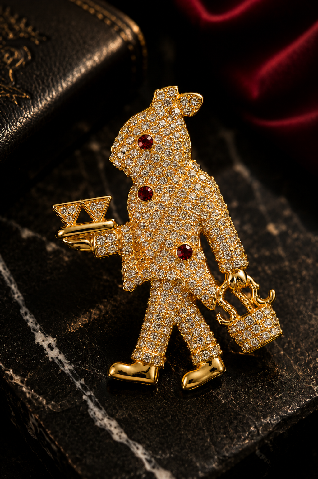 Crystal Pavé Waiter Figural Brooch in Gold — Cocktail Butler Pin