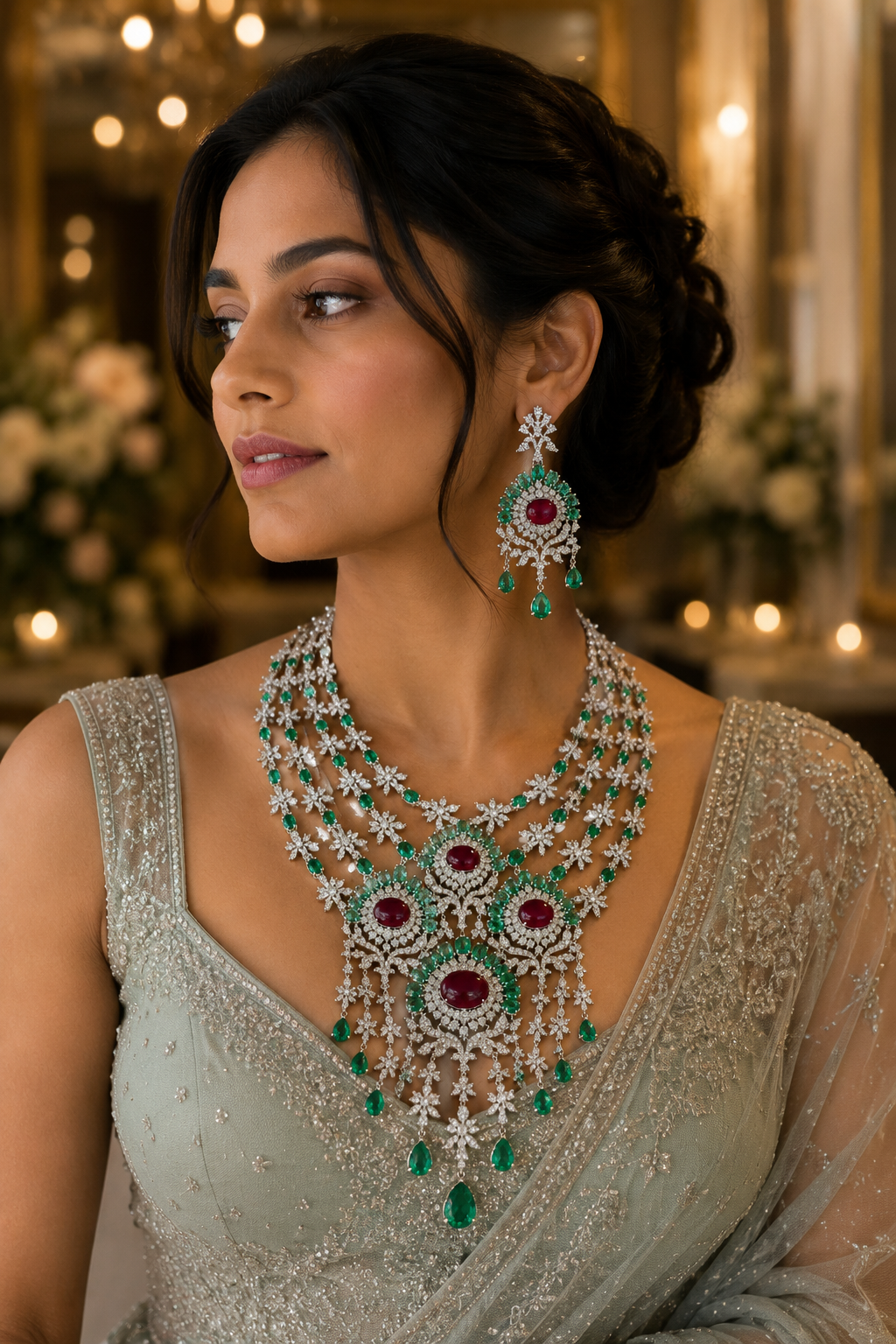 Emerald & Ruby Cascading Diamond Necklace Set