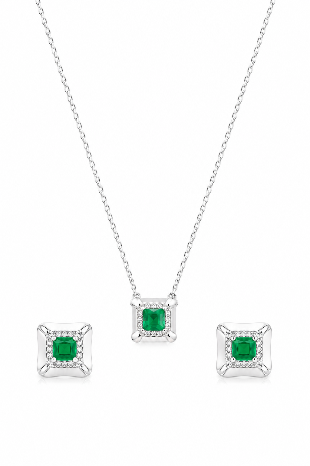 Emerald Green Solitaire Pendant & Stud Earrings Set in Silver Finish