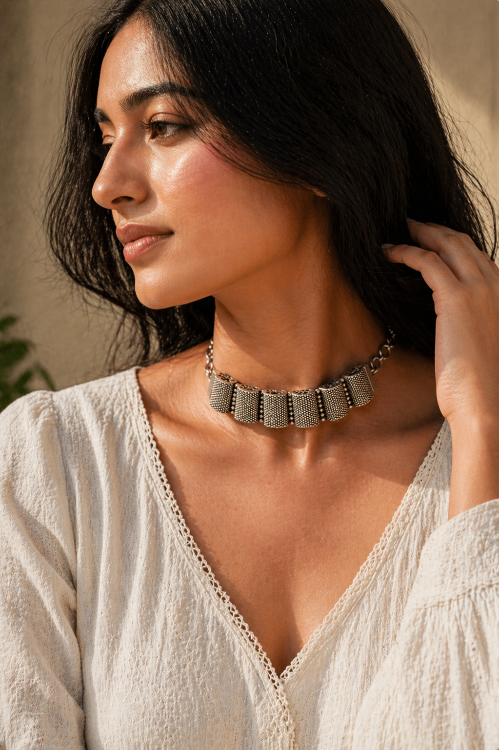 Oxidized Silver Convertible Bracelet–Choker – Textured Dome Panel Design