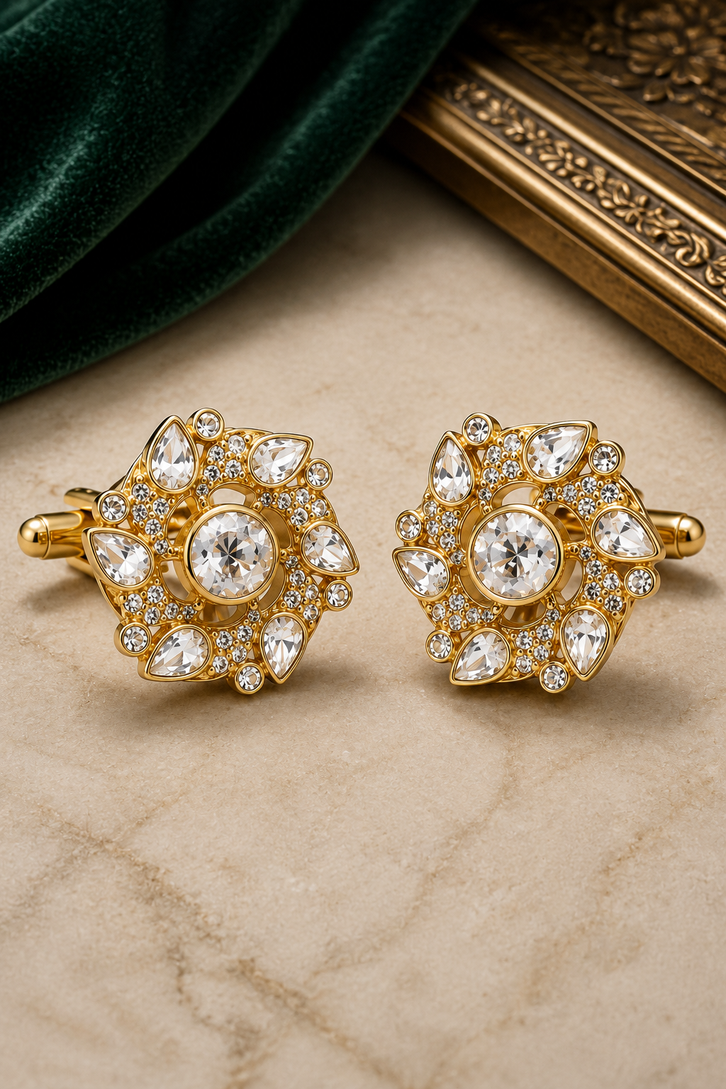Gold Floral Swirl Cufflinks – Luxury Crystal Jewelry for Groom & Formal Wear