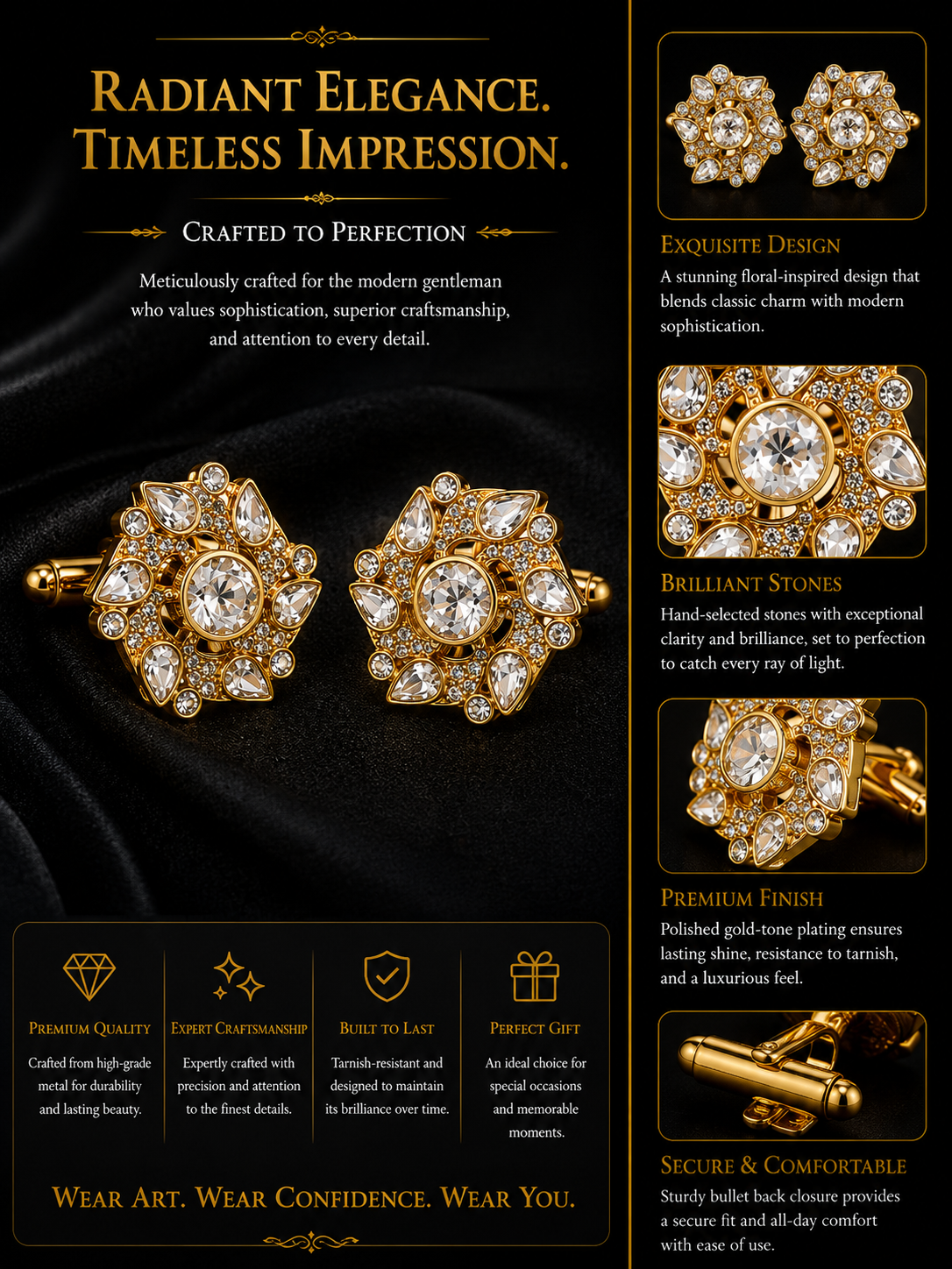Gold Floral Swirl Cufflinks – Luxury Crystal Jewelry for Groom & Formal Wear
