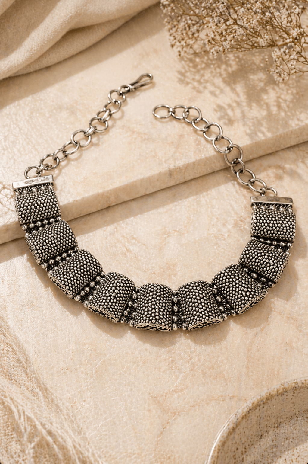 Oxidized Silver Convertible Bracelet–Choker – Textured Dome Panel Design