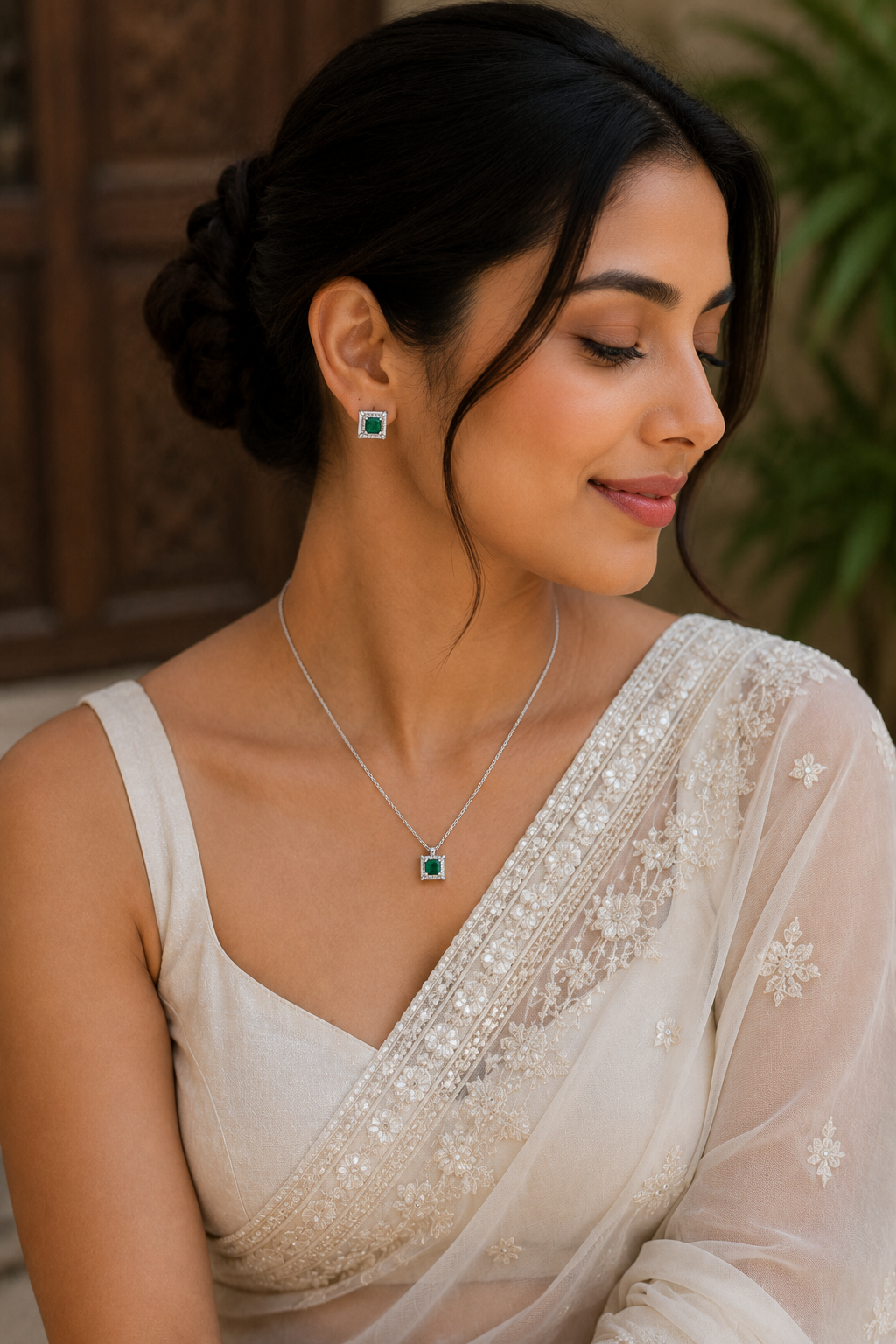 Emerald Green Solitaire Pendant & Stud Earrings Set in Silver Finish