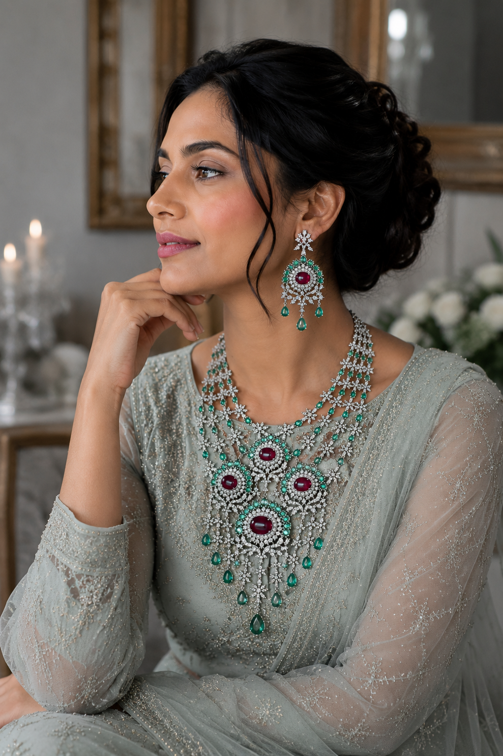 Emerald & Ruby Cascading Diamond Necklace Set