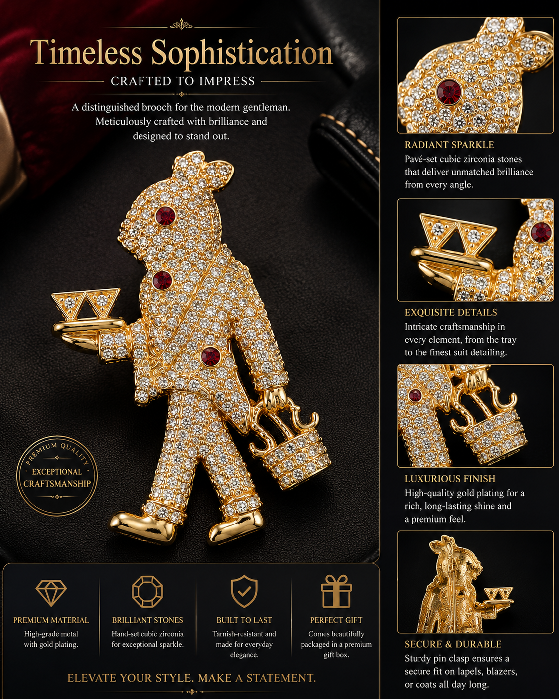 Crystal Pavé Waiter Figural Brooch in Gold — Cocktail Butler Pin