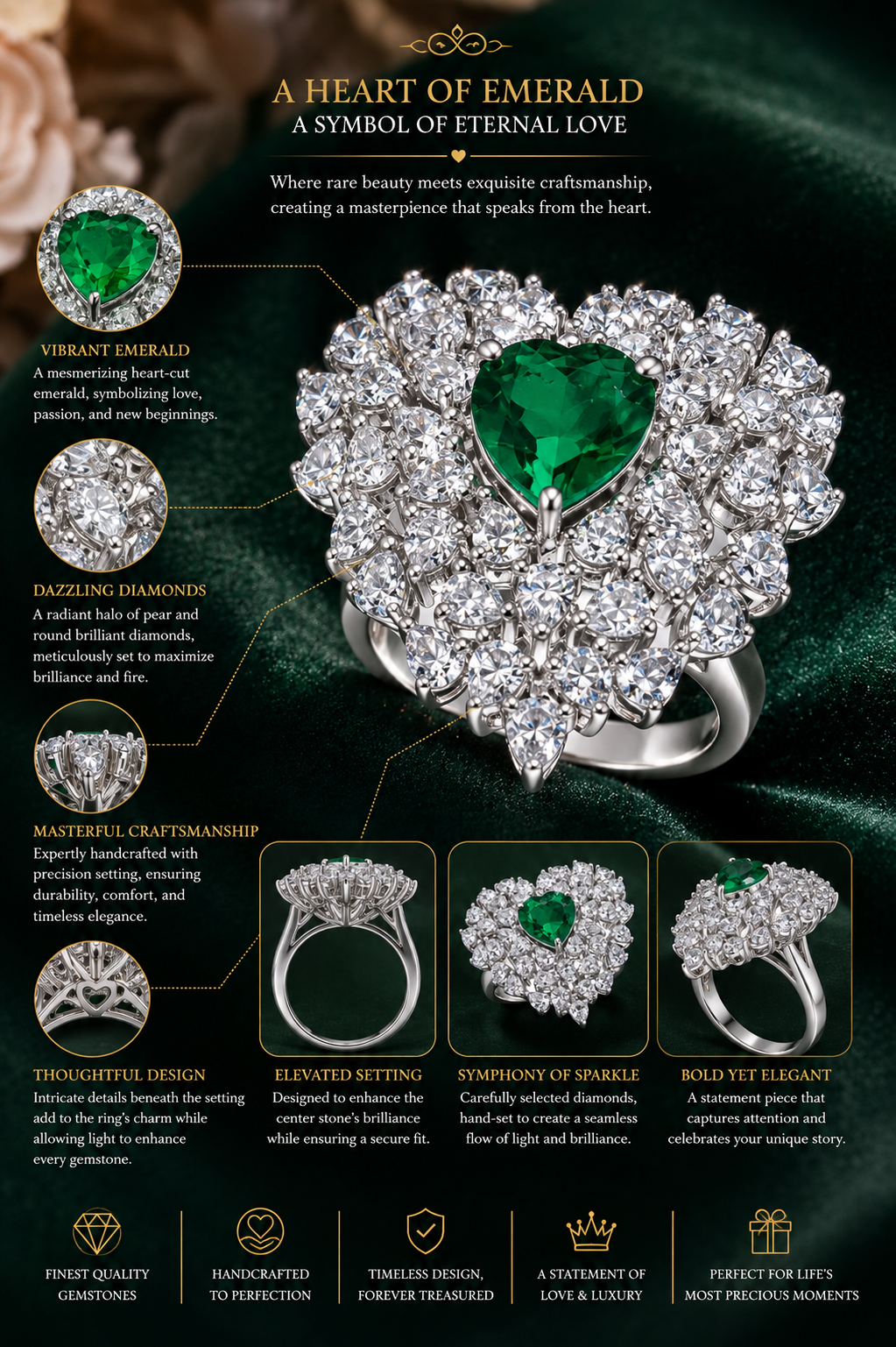 Emerald Heart Halo Couture Ring