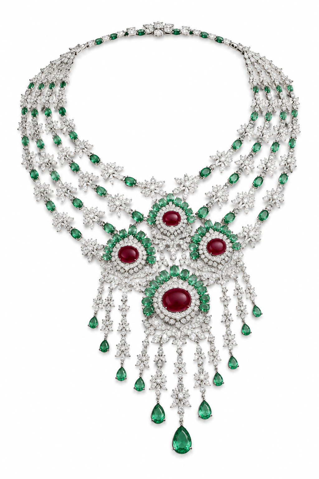 Emerald & Ruby Cascading Diamond Necklace Set