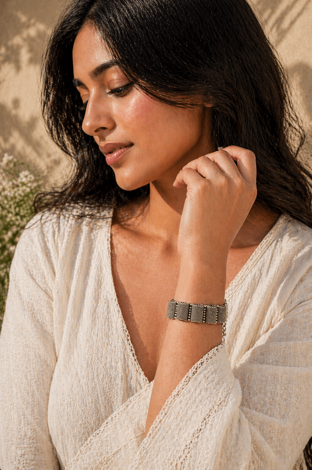 Oxidized Silver Convertible Bracelet–Choker – Textured Dome Panel Design