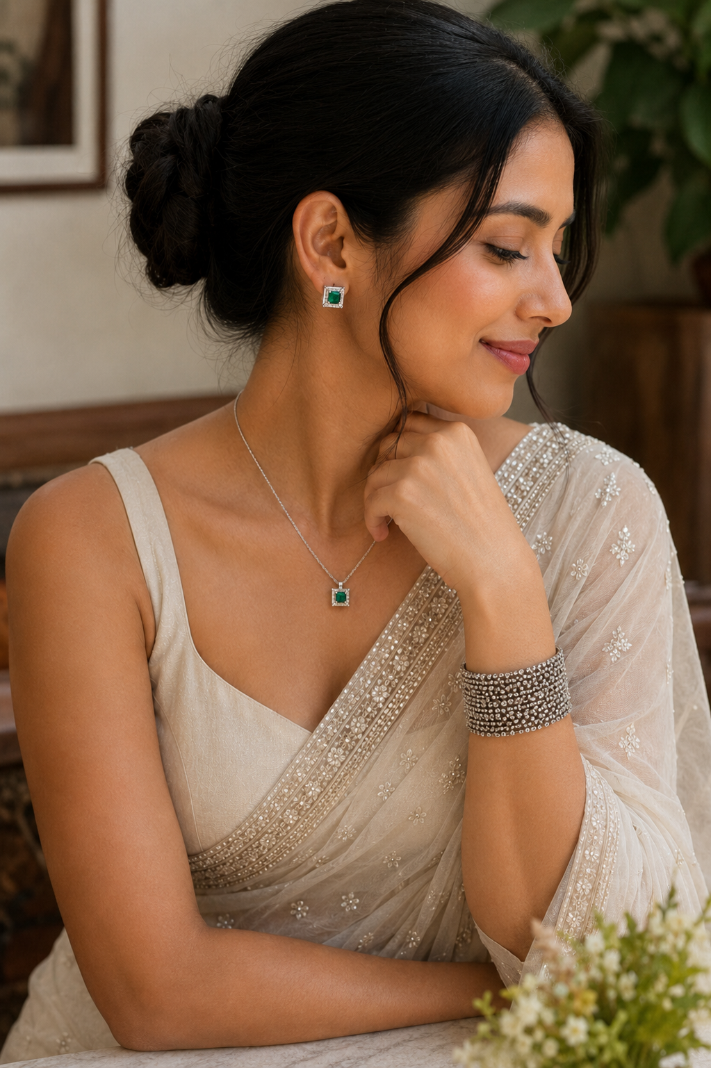 Emerald Green Solitaire Pendant & Stud Earrings Set in Silver Finish