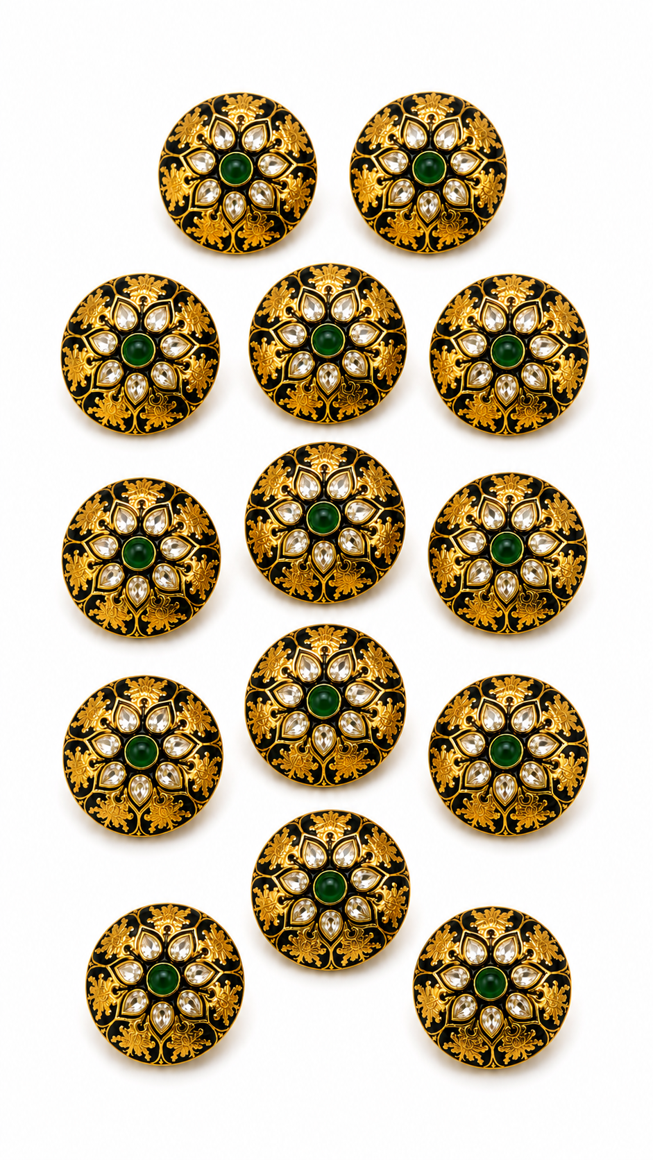 Imperial Bloom: Hand-Enameled Gold & Emerald Green Floral Buttons