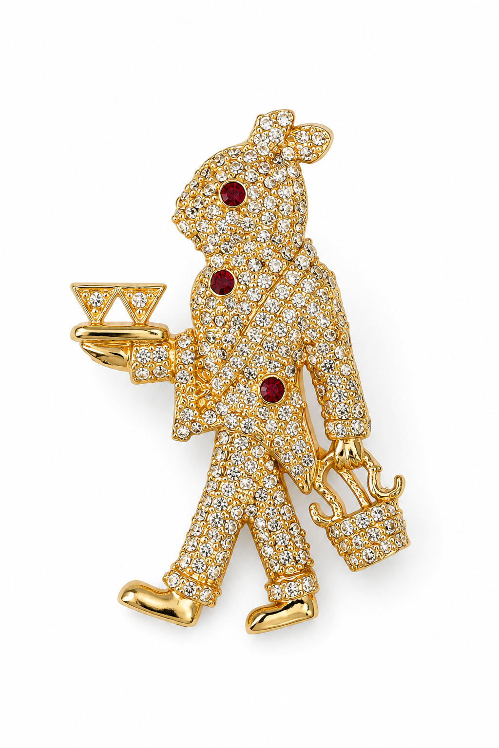 Crystal Pavé Waiter Figural Brooch in Gold — Cocktail Butler Pin
