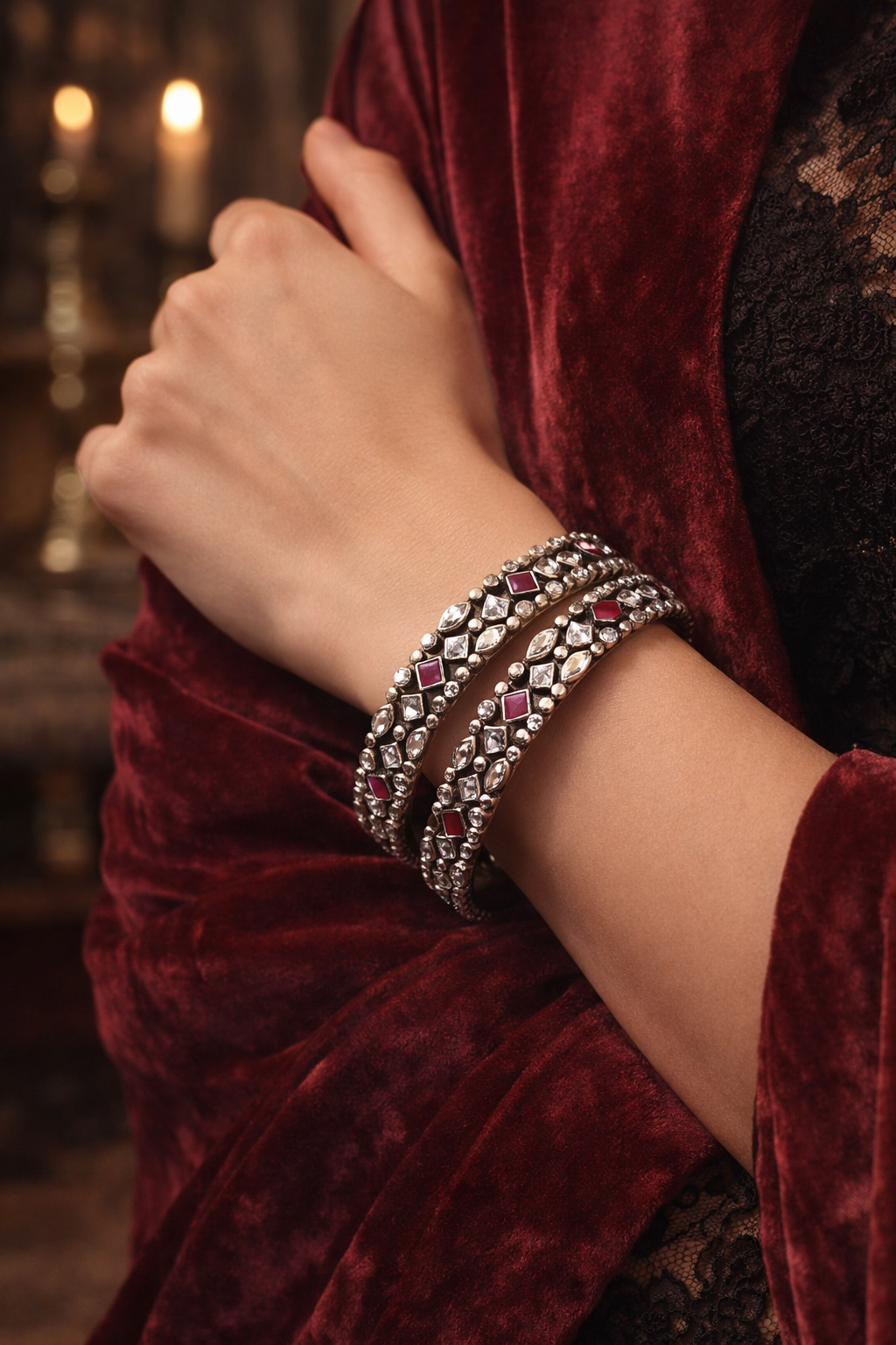 Vintage Ruby & Jadau-Style Handcrafted Silver Kadas