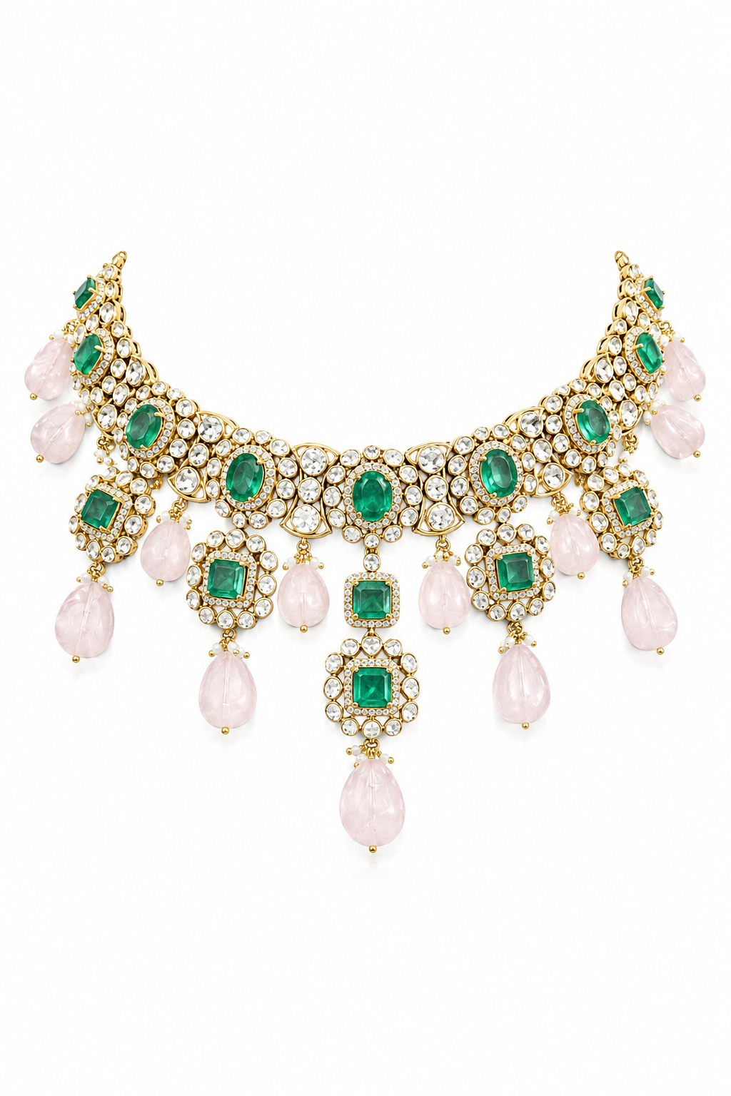 Emerald Kundan Choker Necklace Set with Rose Quartz Drops
