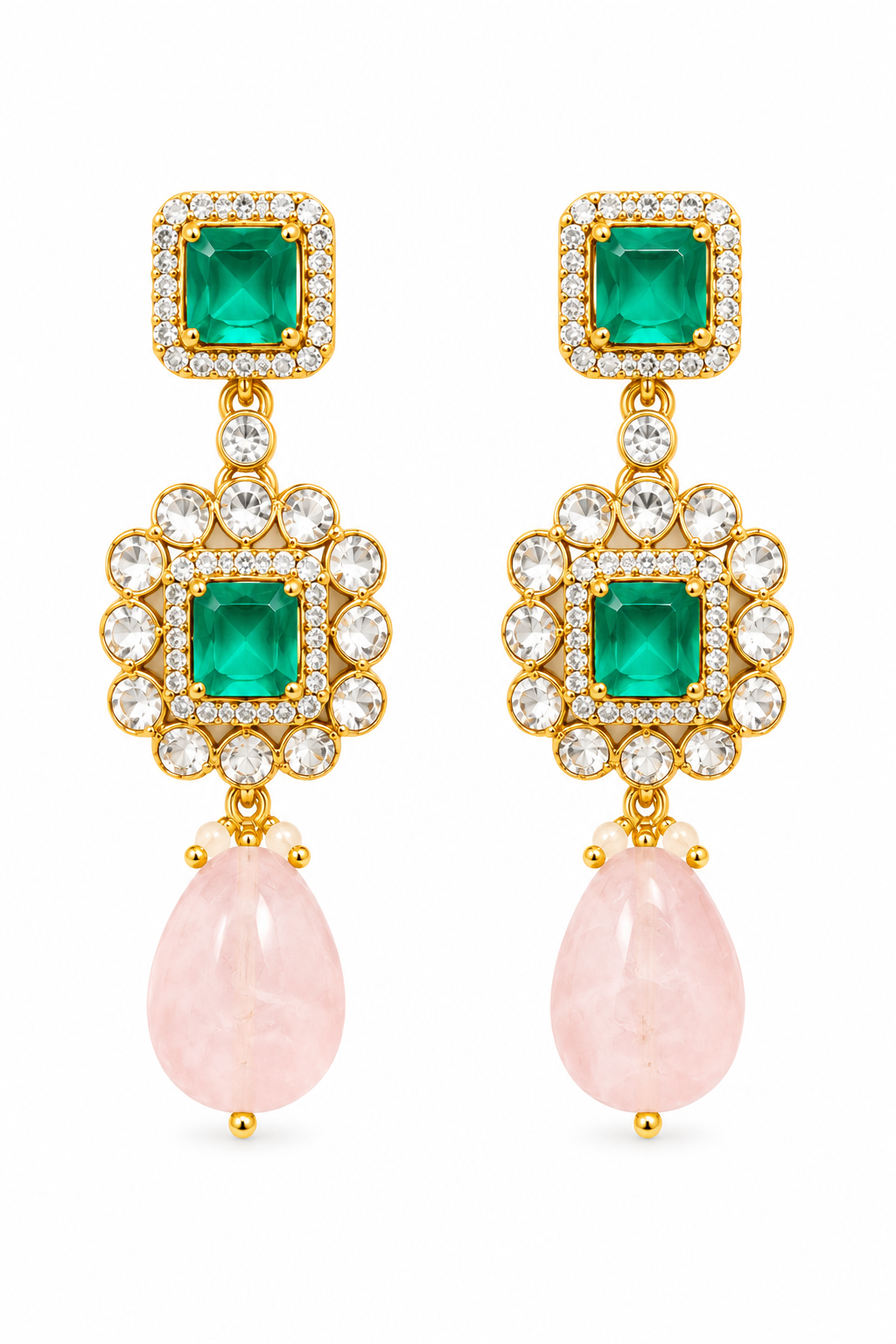 Emerald Kundan Choker Necklace Set with Rose Quartz Drops