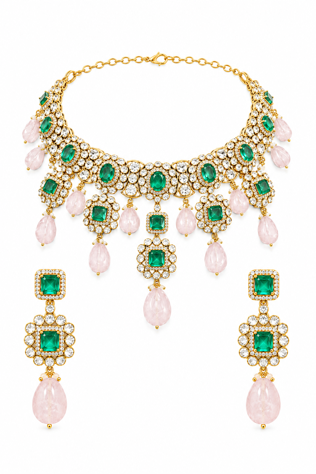 Emerald Kundan Choker Necklace Set with Rose Quartz Drops