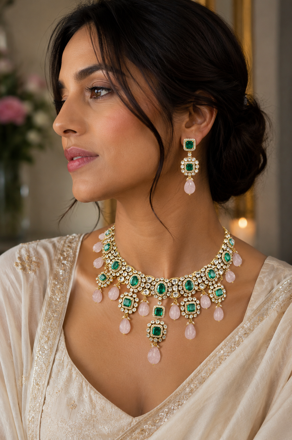 Emerald Kundan Choker Necklace Set with Rose Quartz Drops