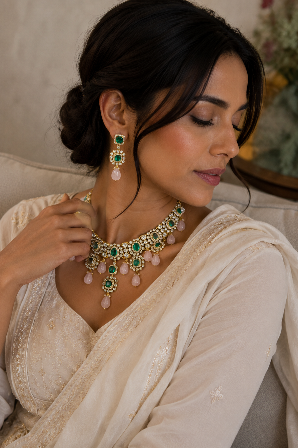 Emerald Kundan Choker Necklace Set with Rose Quartz Drops
