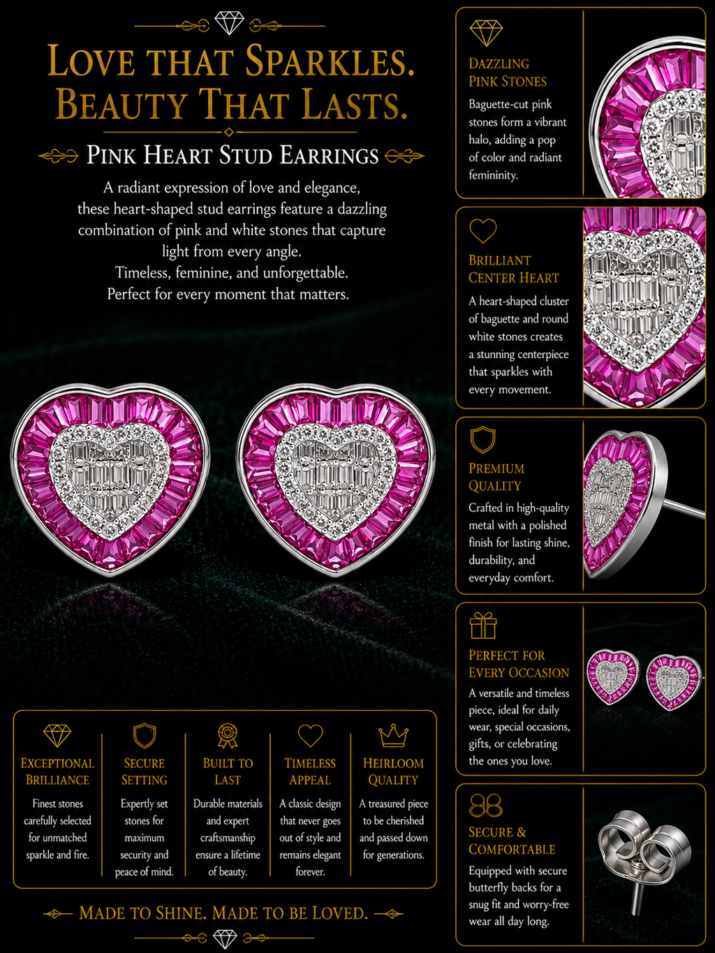 Pink Heart Crystal Stud Earrings for Women – Romantic Luxury Statement Earrings