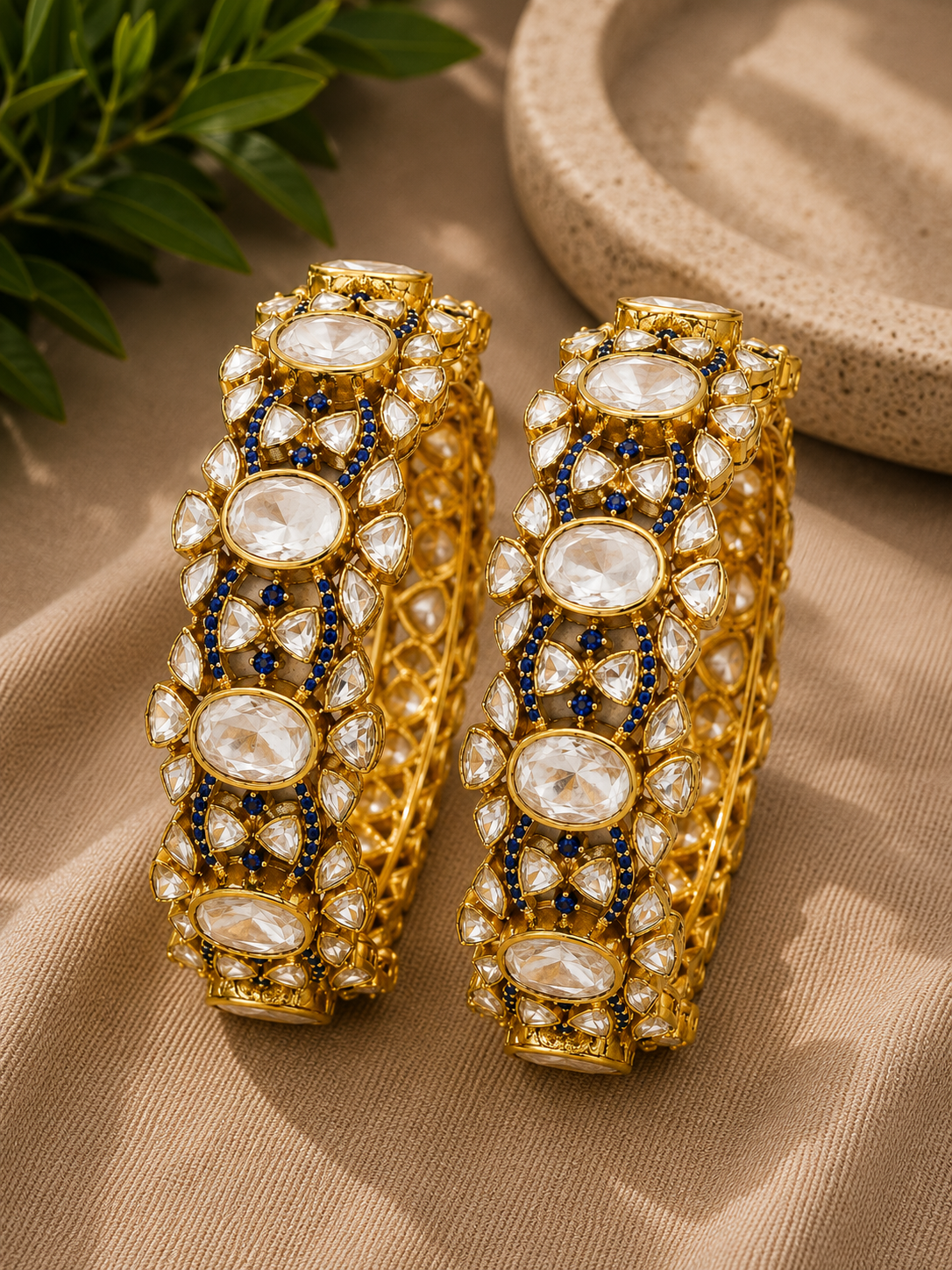 Royal Kundan Polki Bangle Pair with Sapphire Accents