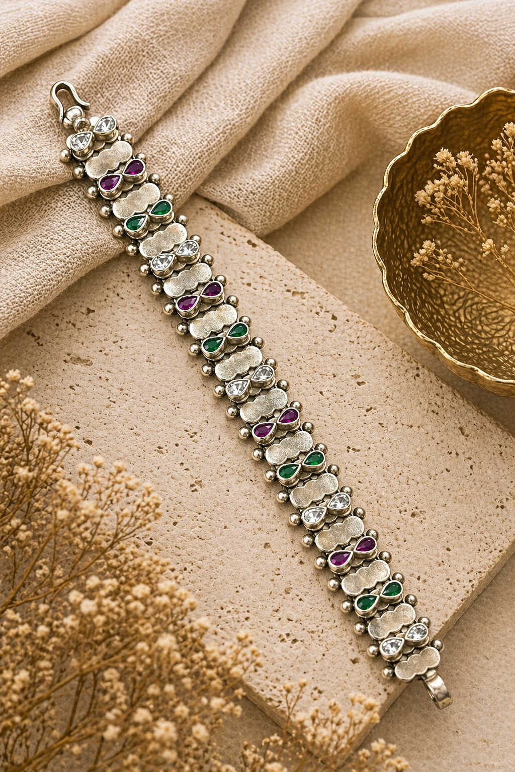 Oxidized Silver Multi-Stone Statement Bracelet – Dual-Tone Gem Accents