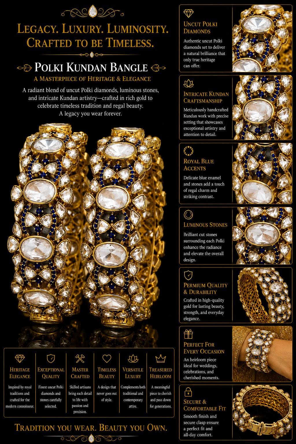 Royal Kundan Polki Bangle Pair with Sapphire Accents