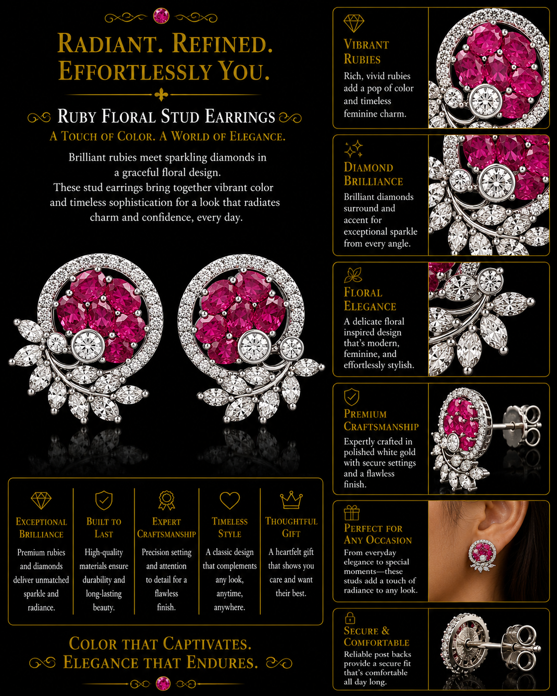 Ruby Floral Diamond-Inspired Stud Earrings