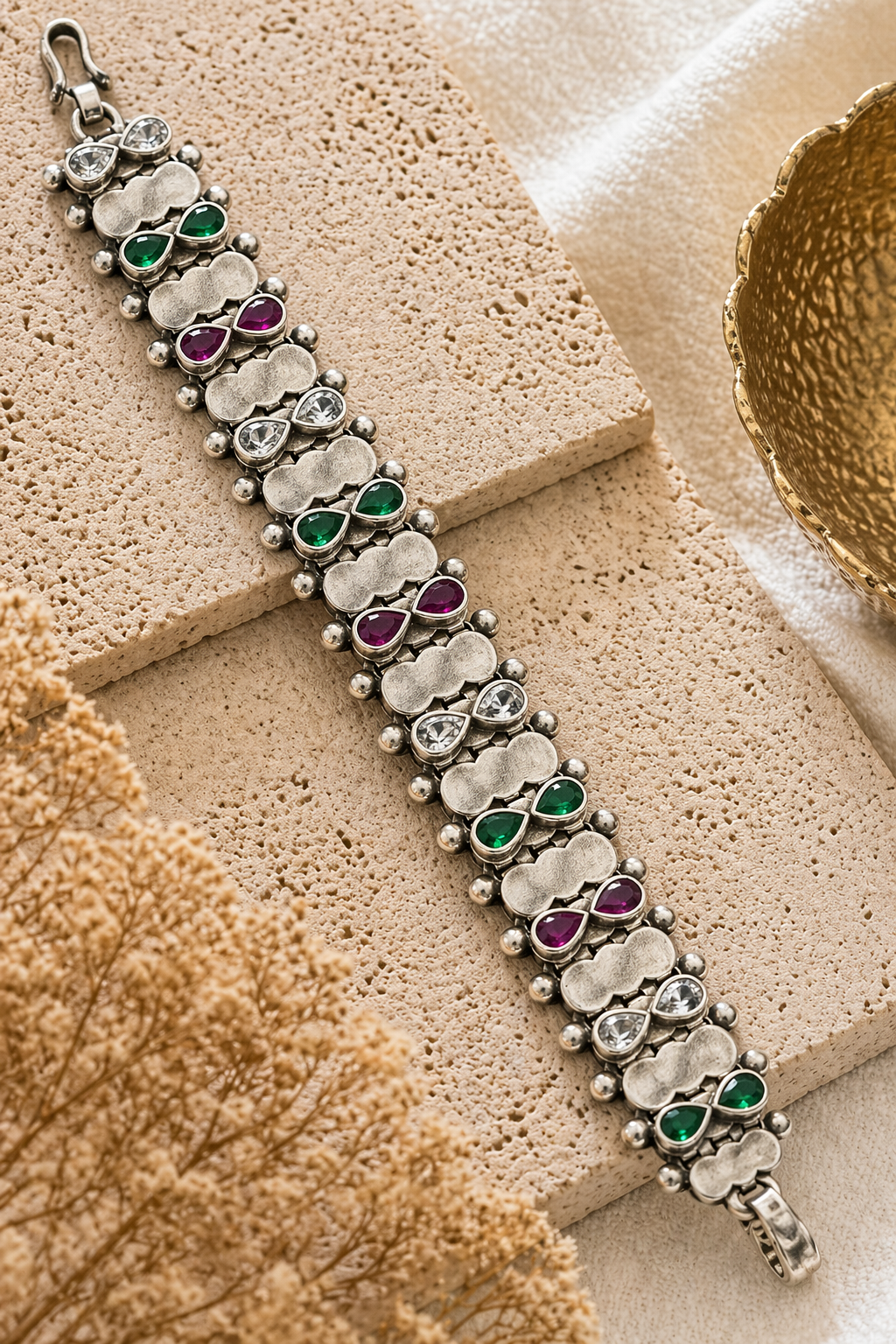 Oxidized Silver Multi-Stone Statement Bracelet – Dual-Tone Gem Accents