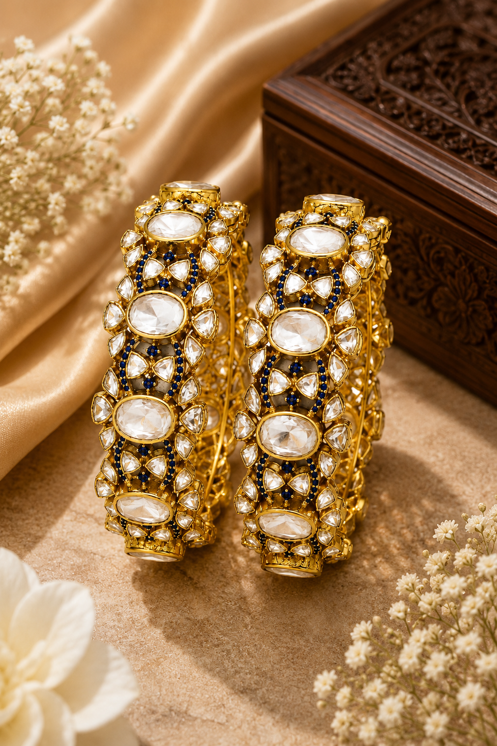 Royal Kundan Polki Bangle Pair with Sapphire Accents