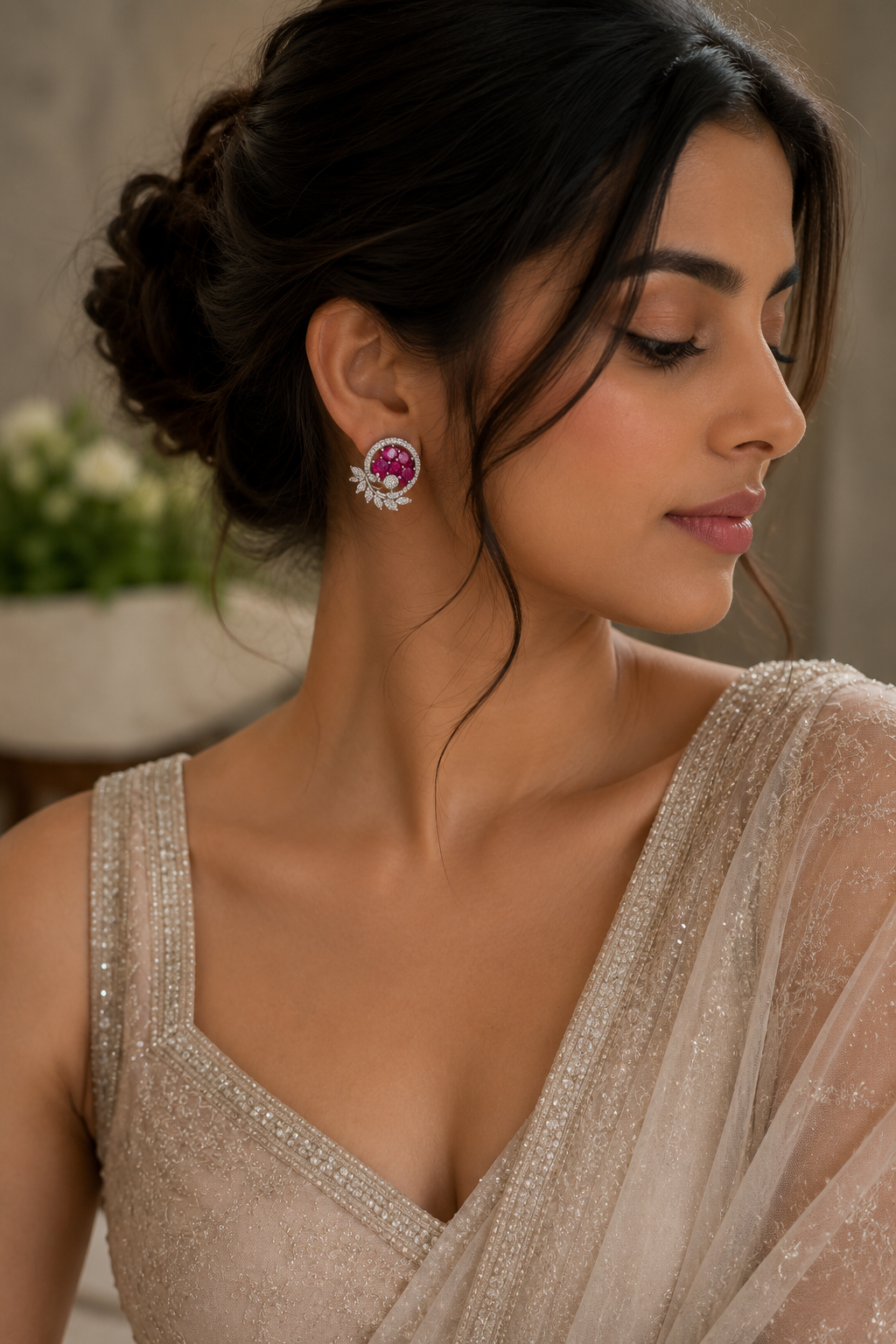 Ruby Floral Diamond-Inspired Stud Earrings