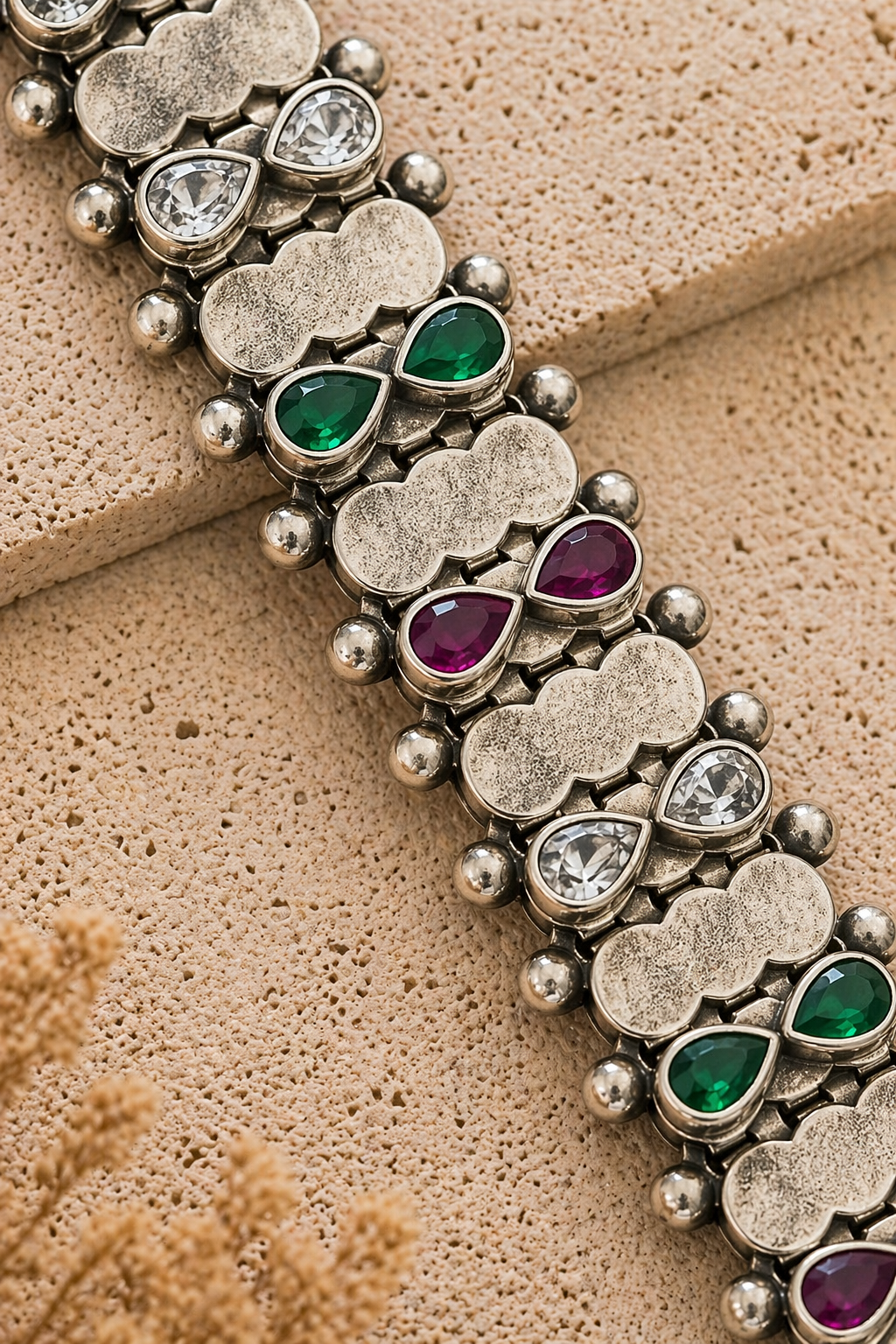 Oxidized Silver Multi-Stone Statement Bracelet – Dual-Tone Gem Accents