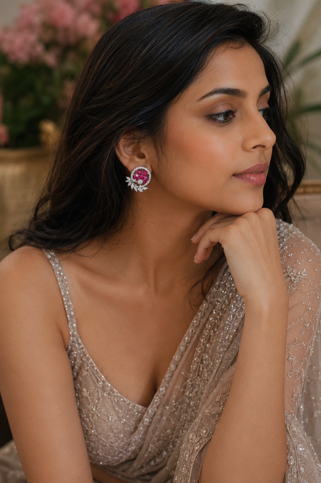 Ruby Floral Diamond-Inspired Stud Earrings