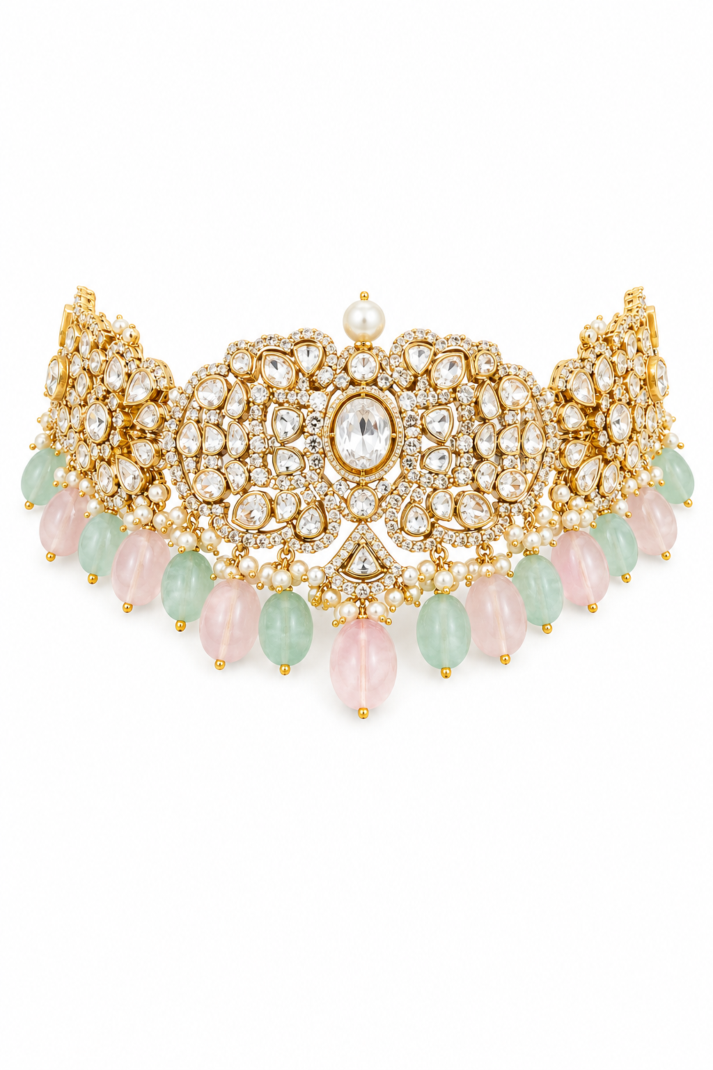 Pastel Gemstone Kundan Choker Necklace Set with Pearl Fringe