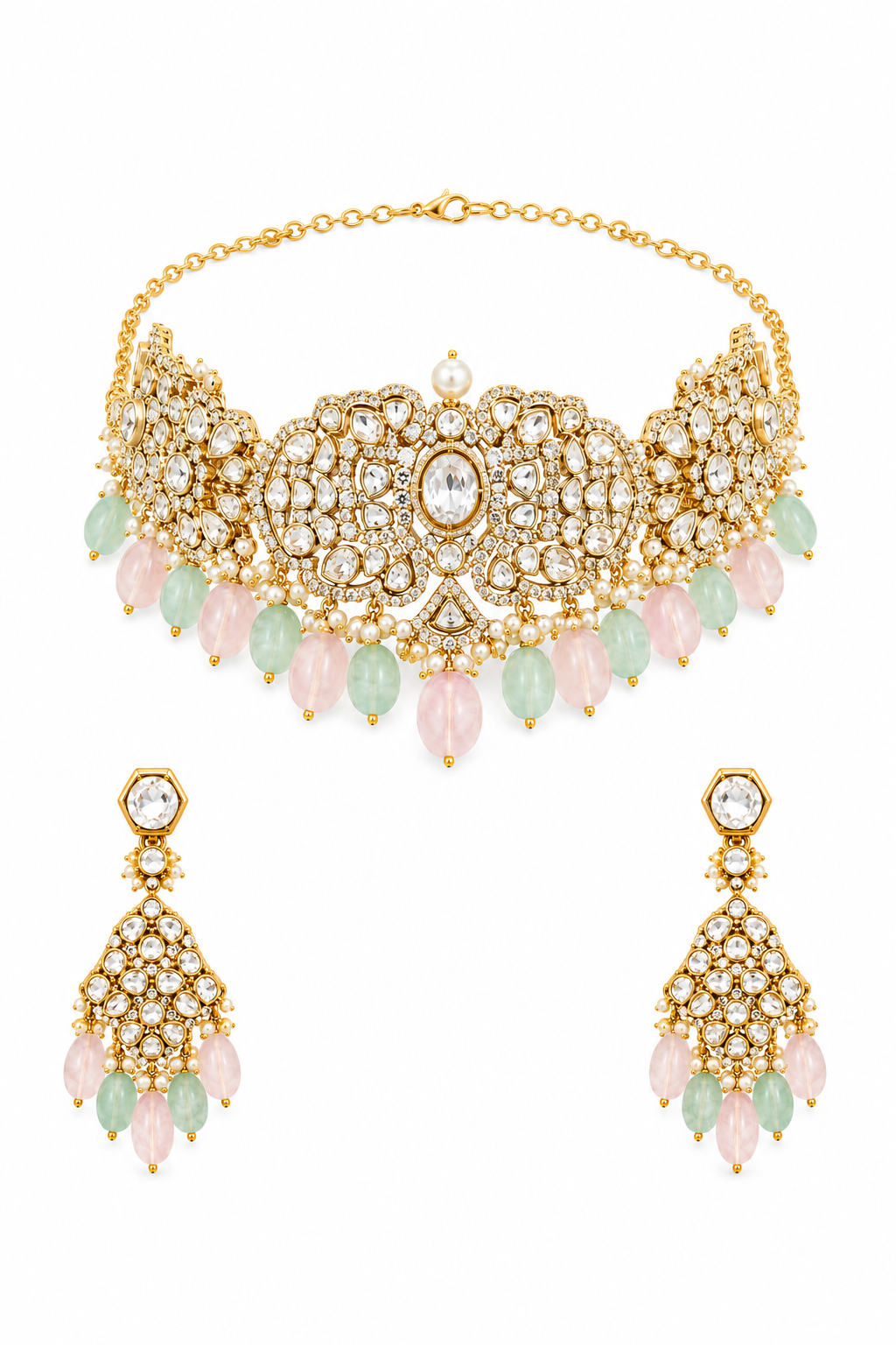 Pastel Gemstone Kundan Choker Necklace Set with Pearl Fringe