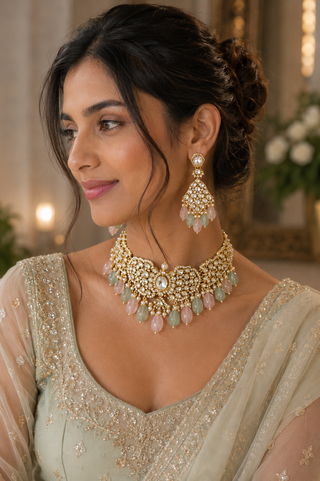 Pastel Gemstone Kundan Choker Necklace Set with Pearl Fringe