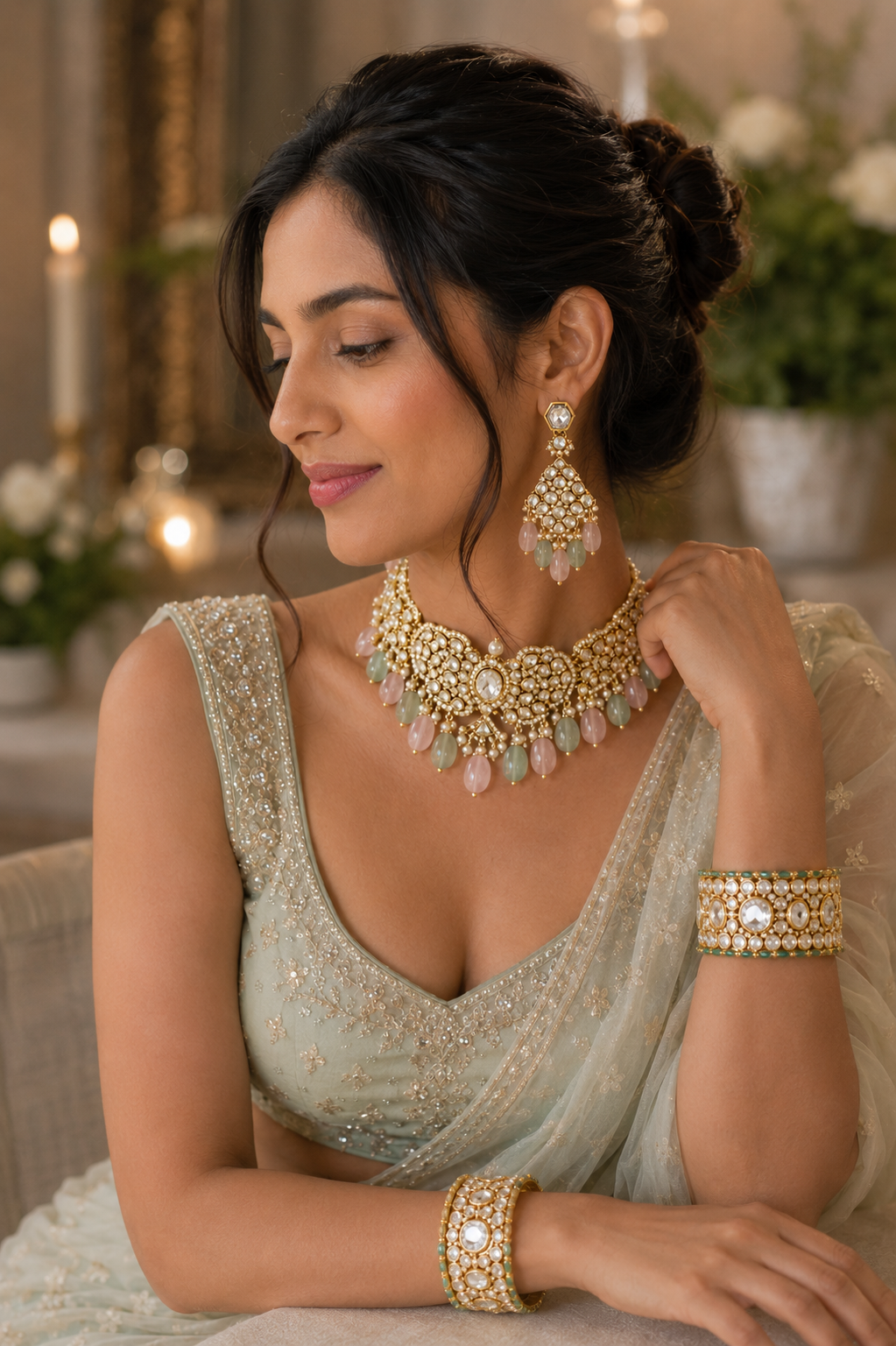 Pastel Gemstone Kundan Choker Necklace Set with Pearl Fringe