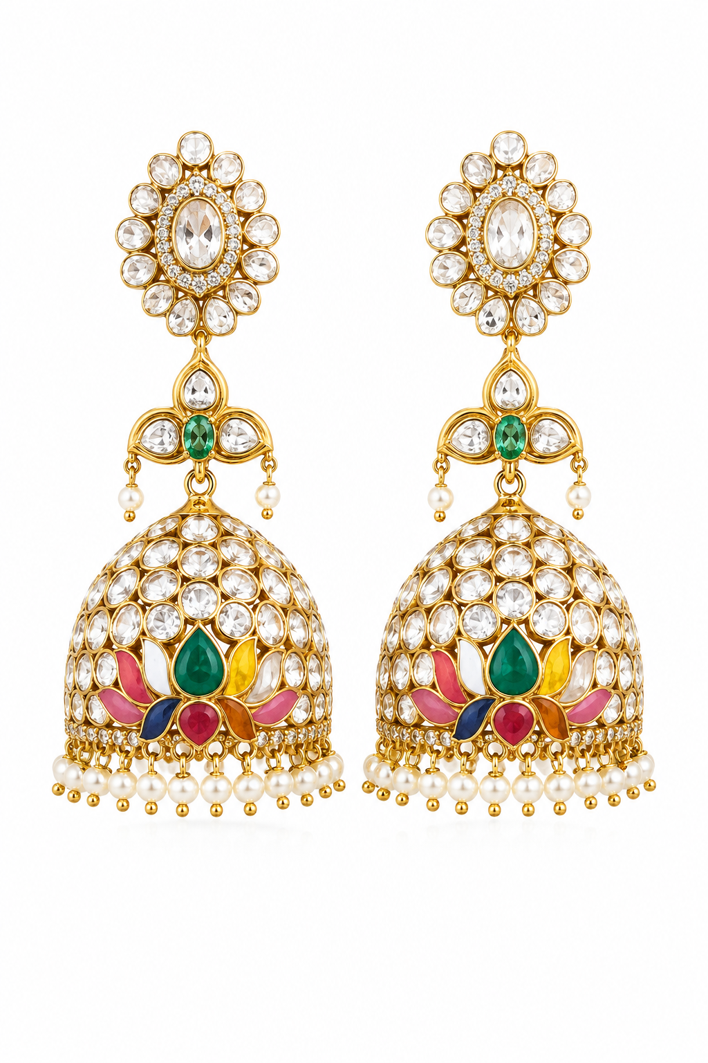 Multicolor Kundan Lotus Jhumka Earrings with Pearl Fringe