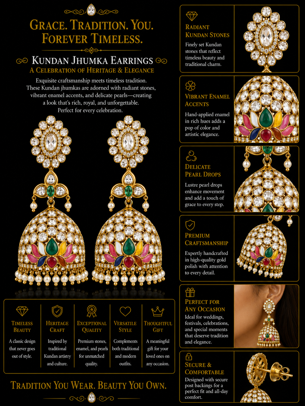 Multicolor Kundan Lotus Jhumka Earrings with Pearl Fringe