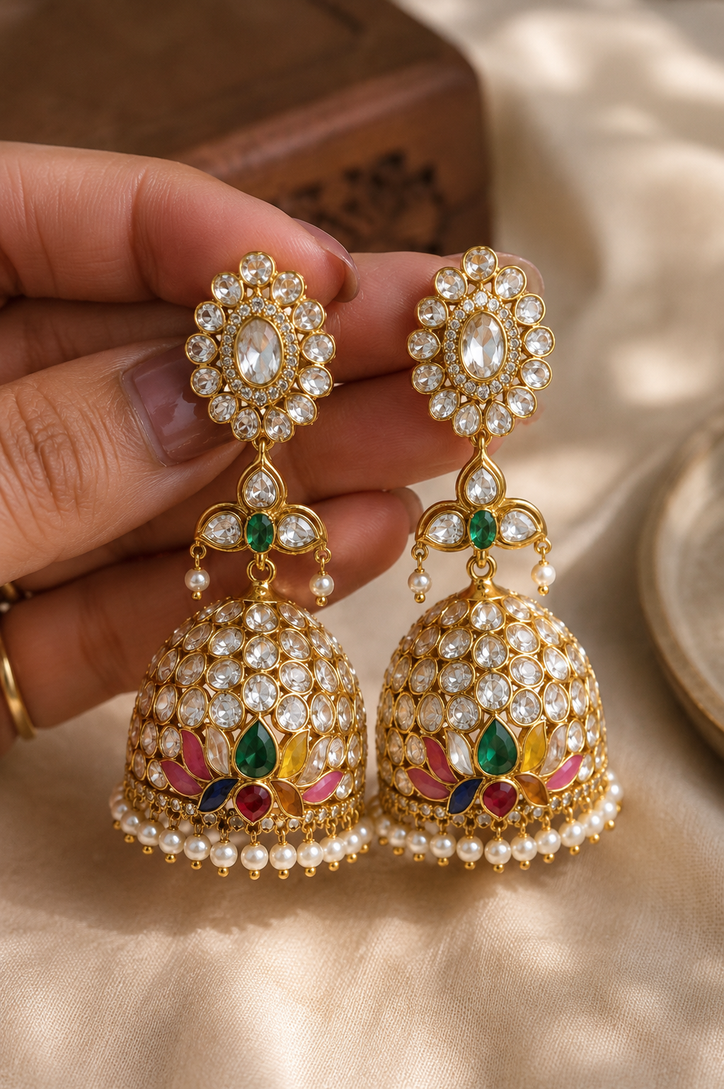 Multicolor Kundan Lotus Jhumka Earrings with Pearl Fringe