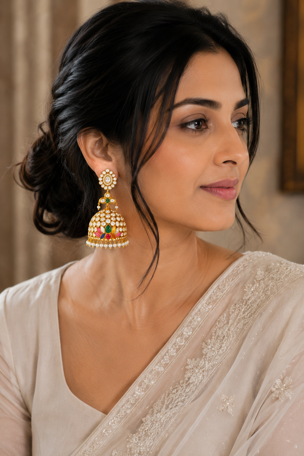 Multicolor Kundan Lotus Jhumka Earrings with Pearl Fringe