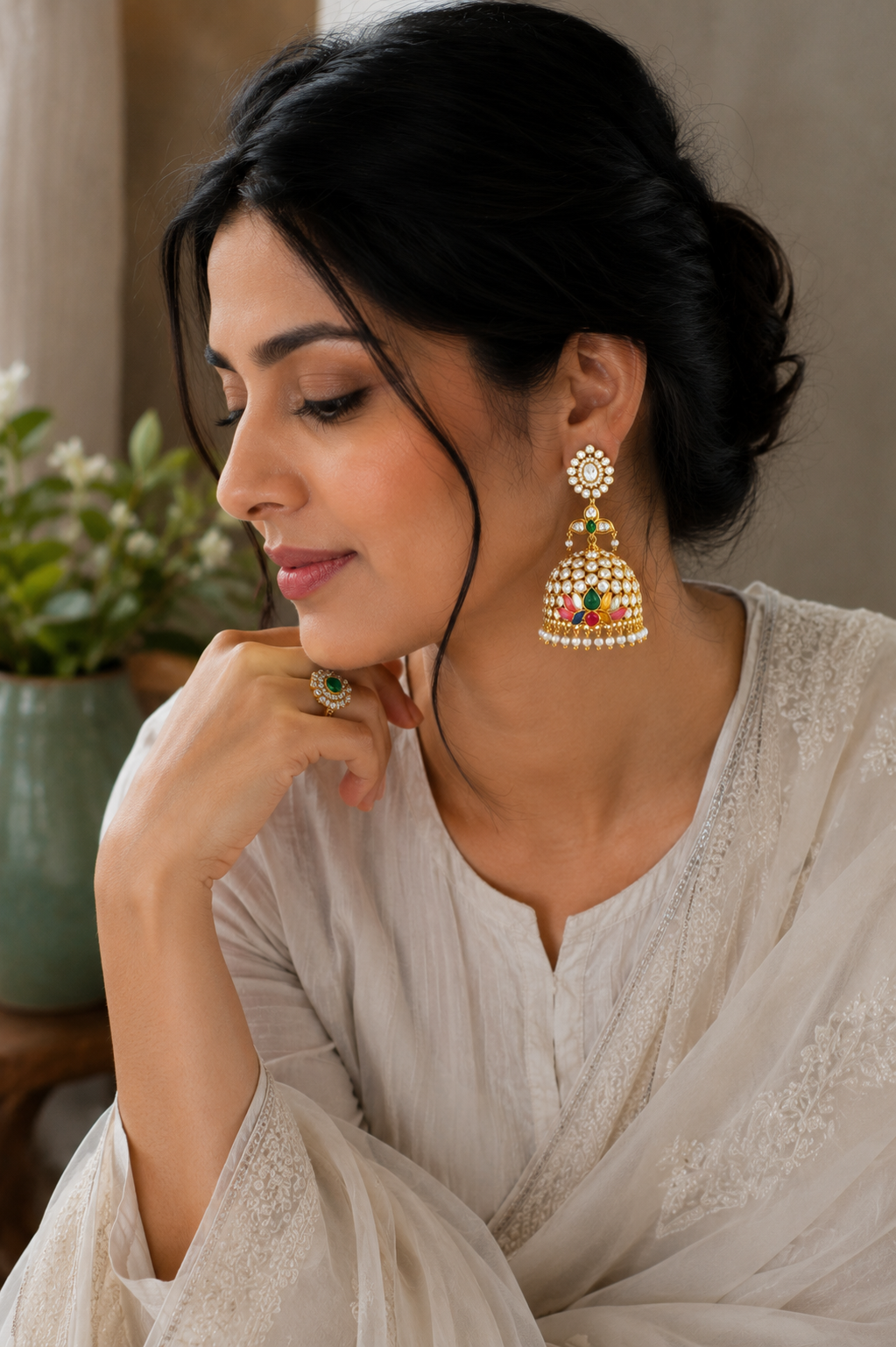 Multicolor Kundan Lotus Jhumka Earrings with Pearl Fringe