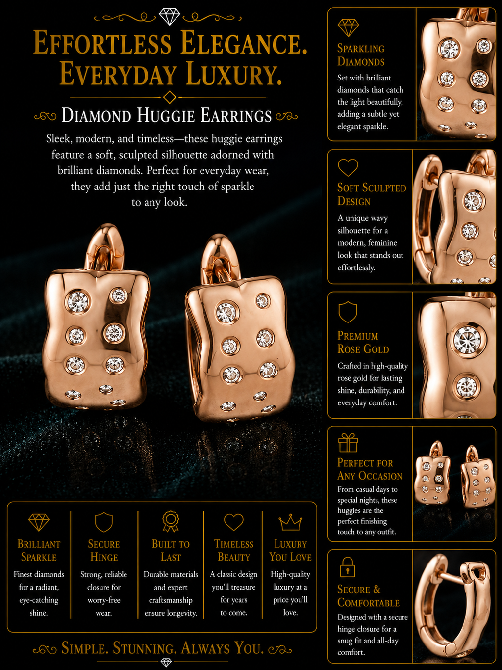 Rose Gold Sculpted Huggie Earrings with Flush-Set Crystals