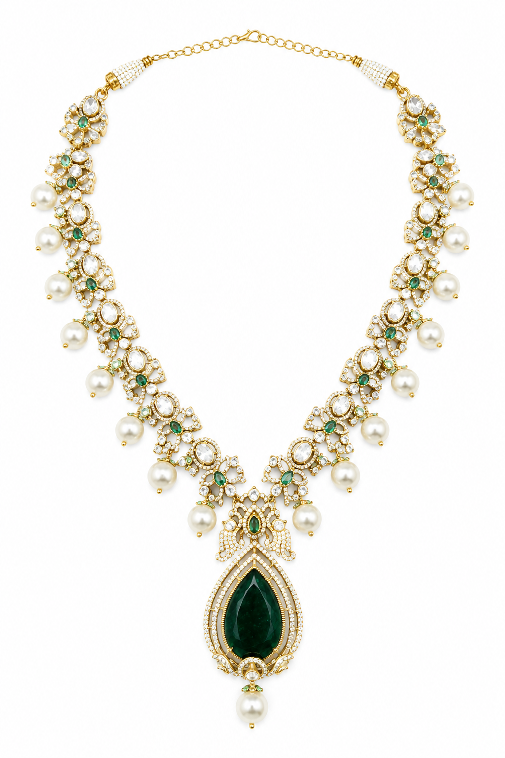 Emerald Green Teardrop Kundan Necklace with Pearl Drops